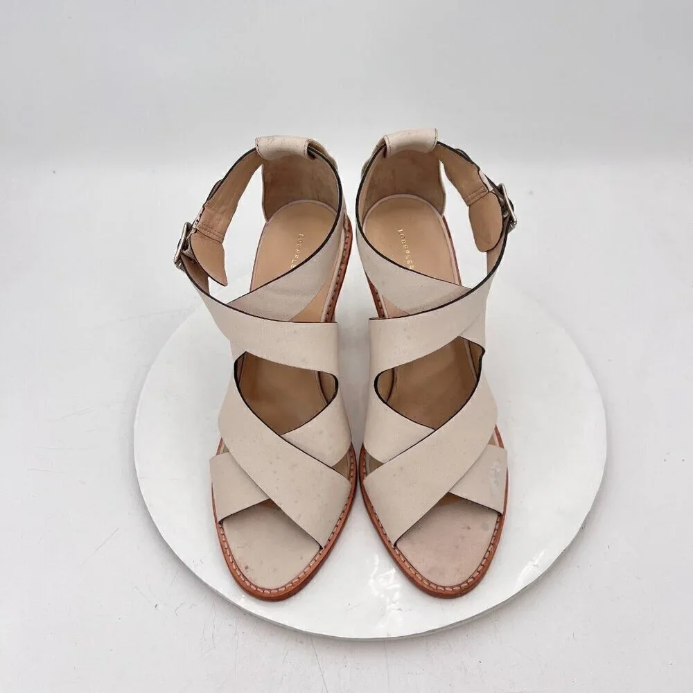 Loeffler Randall Women Size 10B Cream Beige Leather Peep Toe Buckle Heel Sandal